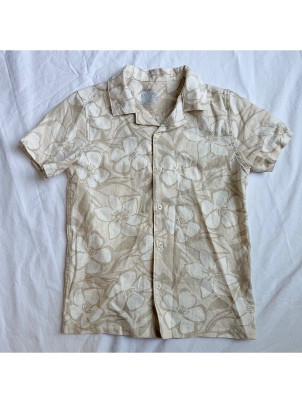 Cat & Jack Boys Beige Floral Button-Up Short Sleeve Shirt Medium 8 Linen Blend